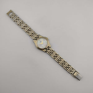 I Like Mikes Mid Century Modern Watches Citizen Petite Gold Tone Watch, Circular Mother of Pearl Dial, Bracelet Strap