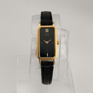 I Like Mikes Mid Century Modern Watches Citizen Petite Quartz, Gold Tone Watch, Black Elongated Rectangle Dial, Lizard Strap