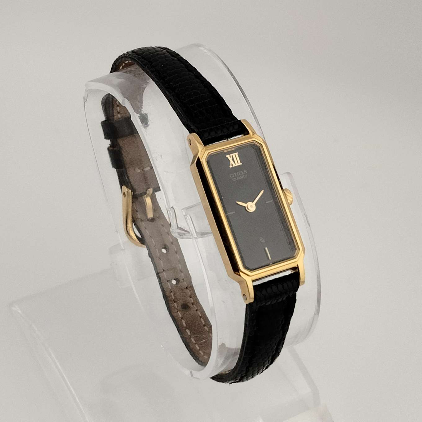 I Like Mikes Mid Century Modern Watches Citizen Petite Quartz, Gold Tone Watch, Black Elongated Rectangle Dial, Lizard Strap