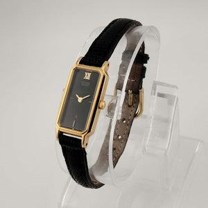 I Like Mikes Mid Century Modern Watches Citizen Petite Quartz, Gold Tone Watch, Black Elongated Rectangle Dial, Lizard Strap