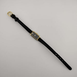 I Like Mikes Mid Century Modern Watches Citizen Petite Quartz, Gold Tone Watch, Black Elongated Rectangle Dial, Lizard Strap