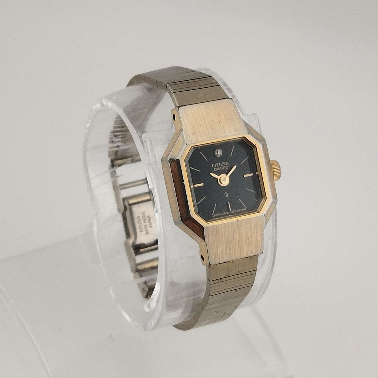 I Like Mikes Mid Century Modern Watches Citizen Petite Quartz Watch, Gold Tone, Black Octagonal Dial, Jewel detail, Bracelet Strap