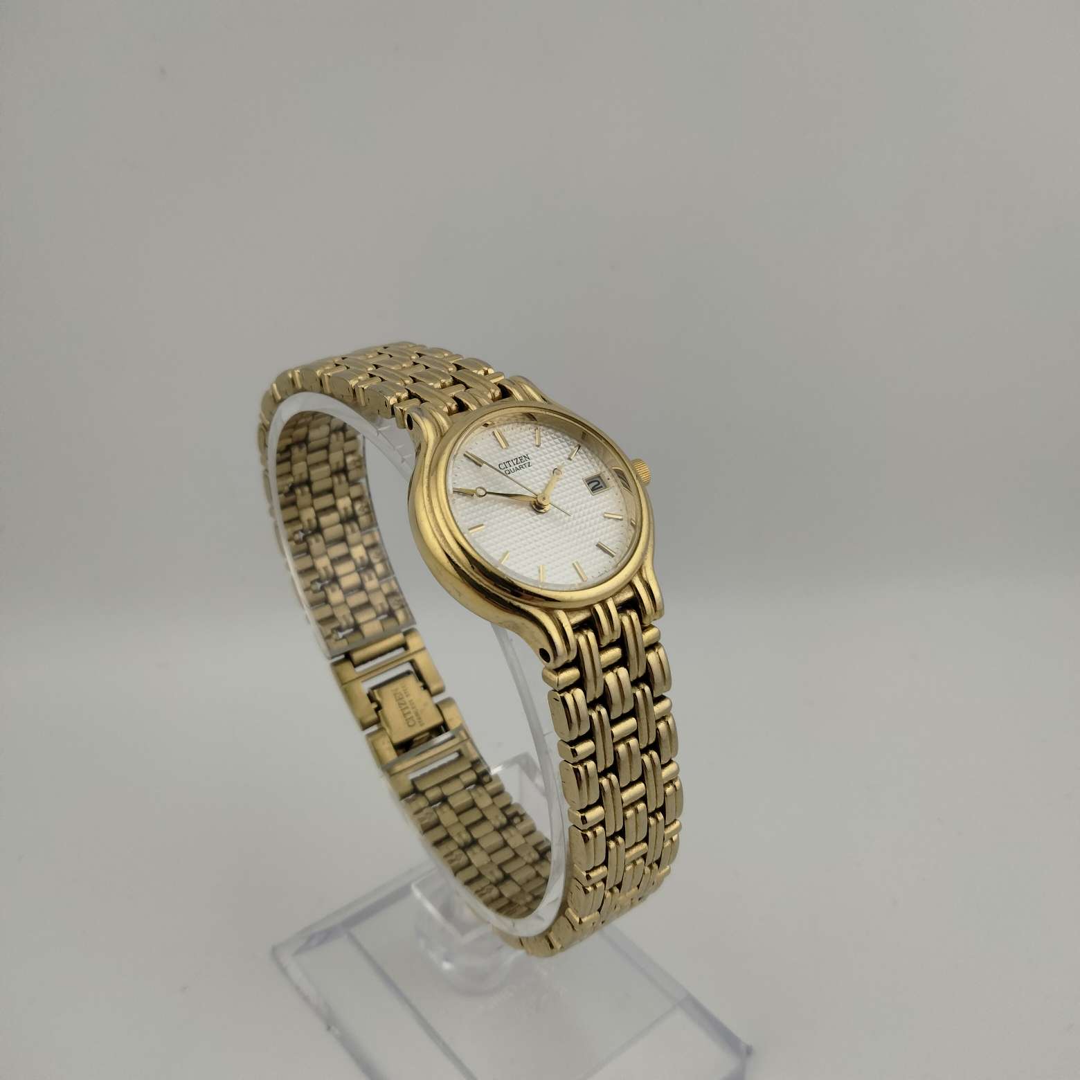 I Like Mikes Mid Century Modern Watches Citizen Petite Quartz Watch, Gold Tone Circular Dial w/Date Window, Bracelet Strap