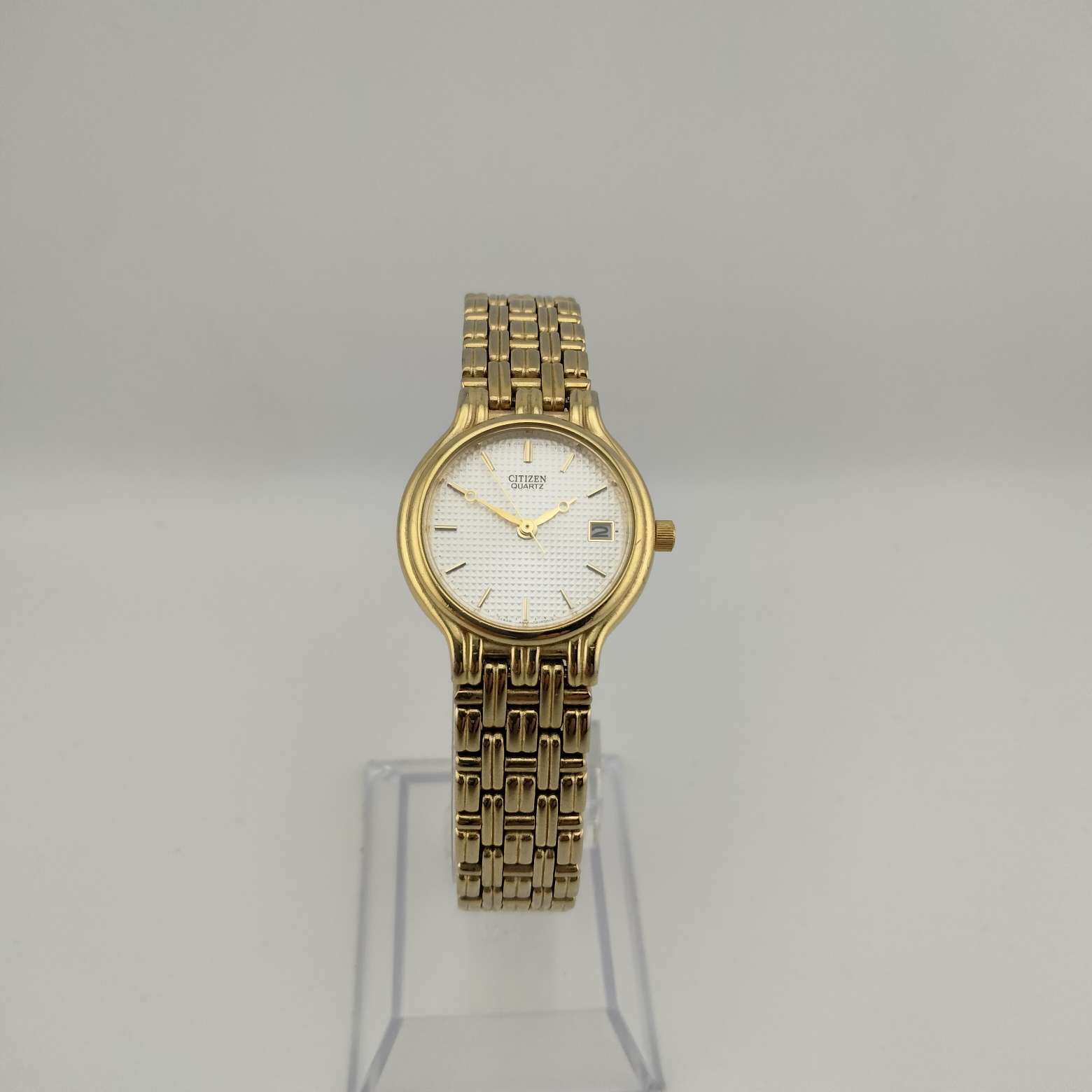 I Like Mikes Mid Century Modern Watches Citizen Petite Quartz Watch, Gold Tone Circular Dial w/Date Window, Bracelet Strap
