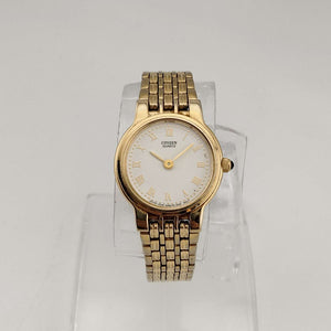 I Like Mikes Mid Century Modern Watches Citizen Petite Women's Gold Tone Quartz Watch, Circular White Dial, Bracelet Strap