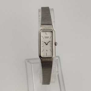 I Like Mikes Mid Century Modern Watches Citizen Quartz Ladies Silver Tone Watch, Elongated Rectangular Dial, Bracelet Strap