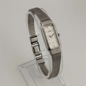 I Like Mikes Mid Century Modern Watches Citizen Quartz Ladies Silver Tone Watch, Elongated Rectangular Dial, Bracelet Strap