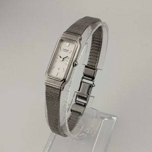 I Like Mikes Mid Century Modern Watches Citizen Quartz Ladies Silver Tone Watch, Elongated Rectangular Dial, Bracelet Strap