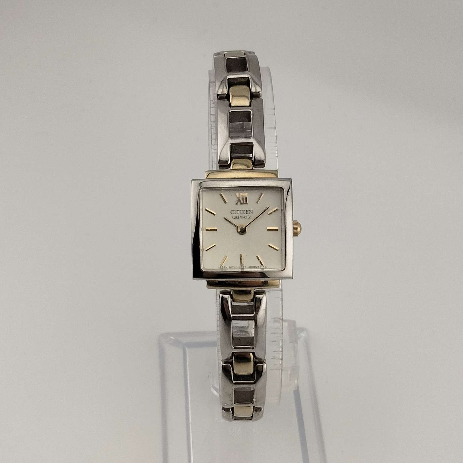 I Like Mikes Mid Century Modern Watches Citizen Quartz Silver Tone Watch, Gold Tone Details, Square Dial, Link Strap