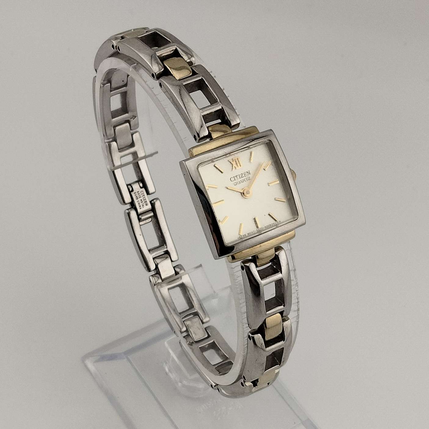 I Like Mikes Mid Century Modern Watches Citizen Quartz Silver Tone Watch, Gold Tone Details, Square Dial, Link Strap