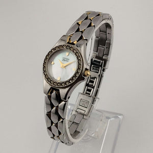 I Like Mikes Mid Century Modern Watches Citizen Round Women's Silver Tone Watch, Mother of Pearl Dial, Bejeweled Bezel, Link Strap