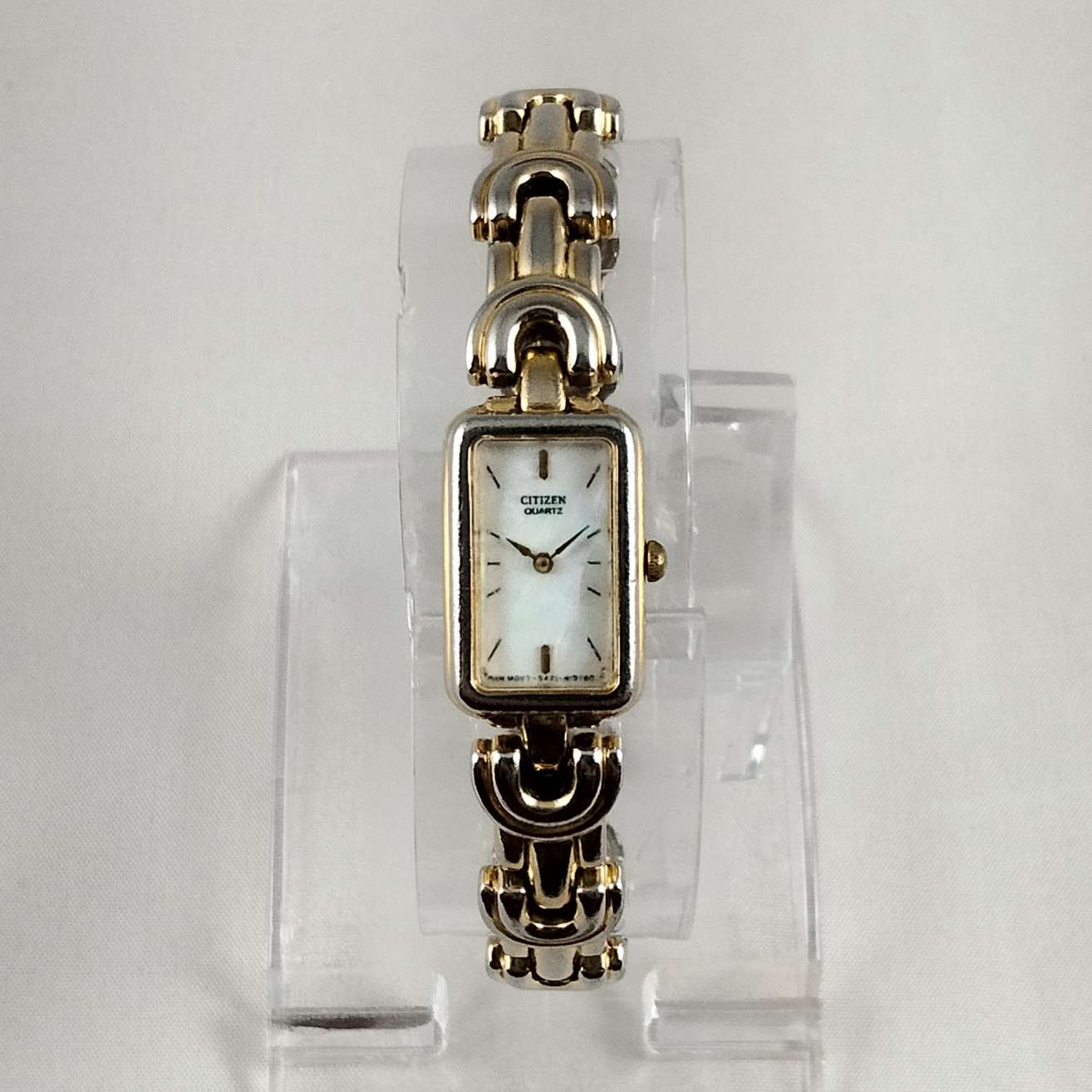I Like Mikes Mid Century Modern Watches Citizen Silver and Gold Tone Watch, Rectangular Dial, Bracelet Strap Mixed Metals