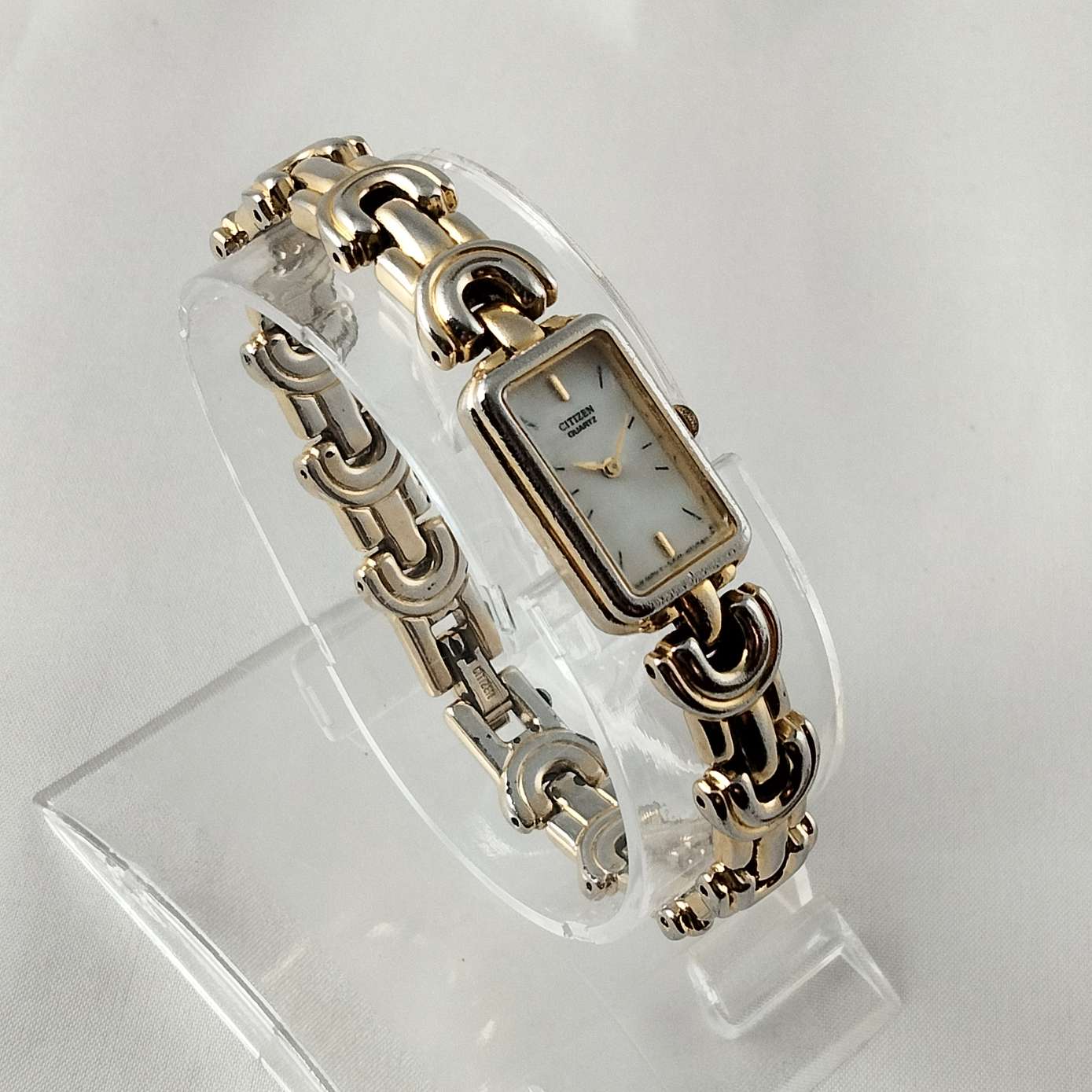 I Like Mikes Mid Century Modern Watches Citizen Silver and Gold Tone Watch, Rectangular Dial, Bracelet Strap Mixed Metals