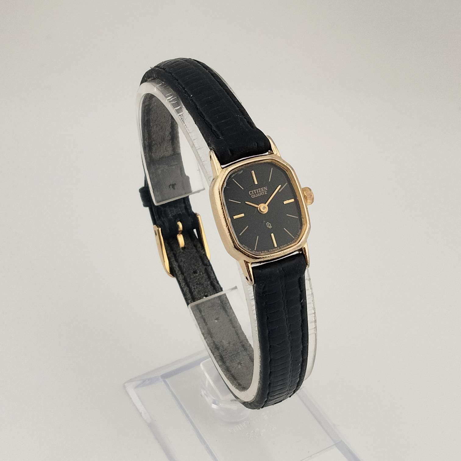 I Like Mikes Mid Century Modern Watches Citizen Unisex Gold Tone Watch, Black Oval Dial, Leather Strap