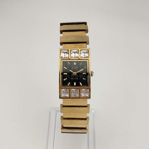 I Like Mikes Mid Century Modern Watches Citizen Unisex Gold Tone Watch, Black Rectangular Dial, Jewel Bezel Detail, Bracelet Strap