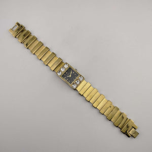 I Like Mikes Mid Century Modern Watches Citizen Unisex Gold Tone Watch, Black Rectangular Dial, Jewel Bezel Detail, Bracelet Strap