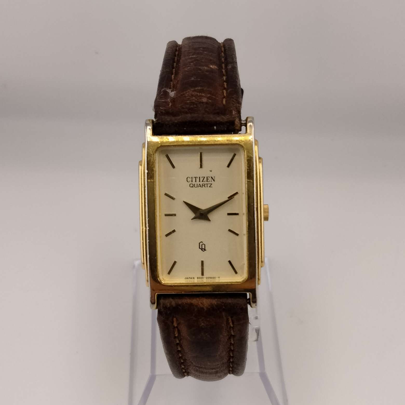 I Like Mikes Mid Century Modern Watches Citizen Unisex Gold Tone Watch, Golden Rectangular Dial, Brown Leather Strap