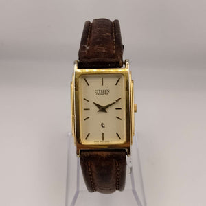 I Like Mikes Mid Century Modern Watches Citizen Unisex Gold Tone Watch, Golden Rectangular Dial, Brown Leather Strap