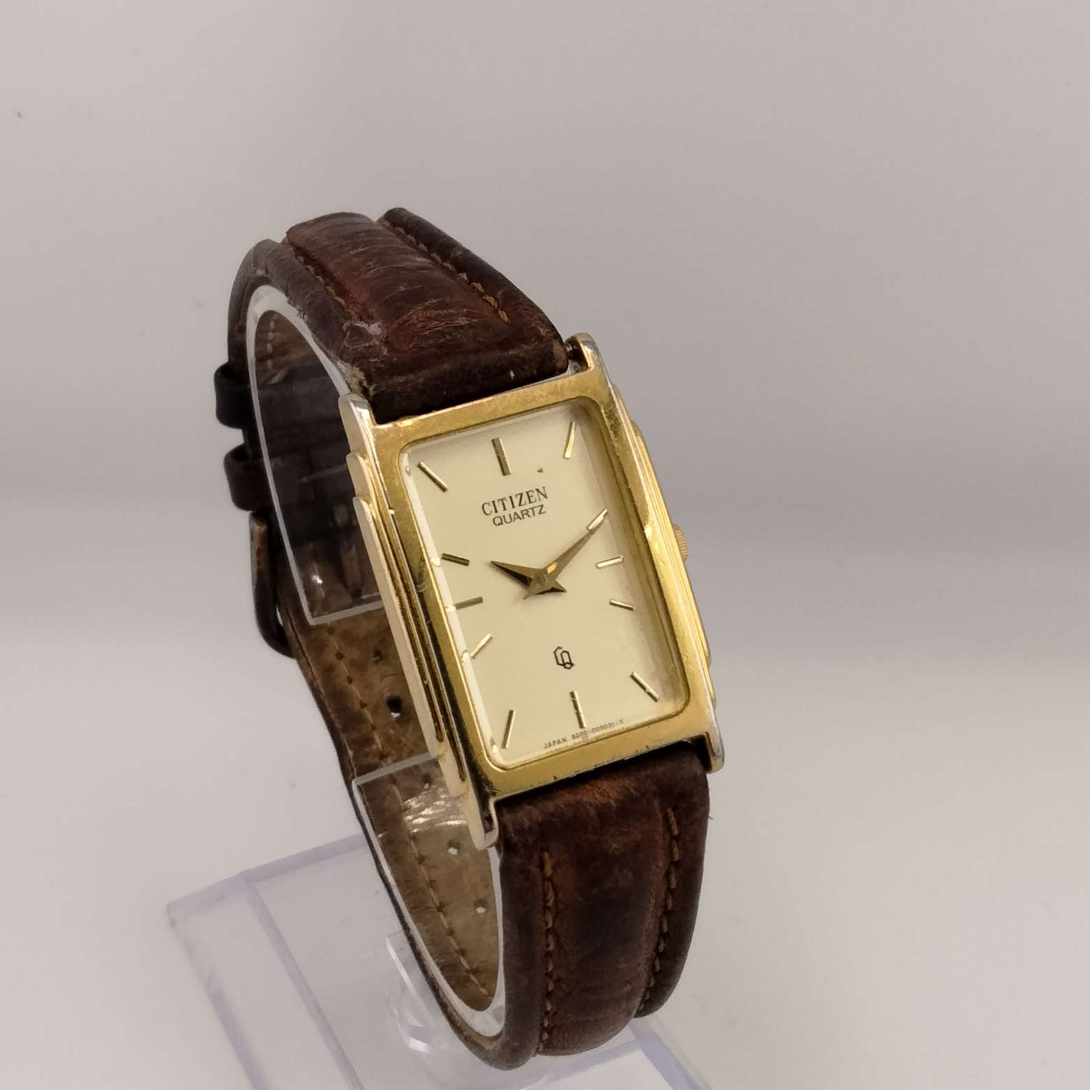 I Like Mikes Mid Century Modern Watches Citizen Unisex Gold Tone Watch, Golden Rectangular Dial, Brown Leather Strap