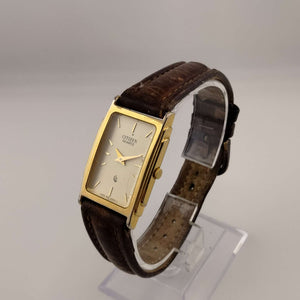 I Like Mikes Mid Century Modern Watches Citizen Unisex Gold Tone Watch, Golden Rectangular Dial, Brown Leather Strap