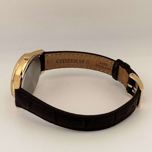 I Like Mikes Mid Century Modern Watches Citizen Unisex Gold Tone Watch, Round Dial, Brown Leather Strap