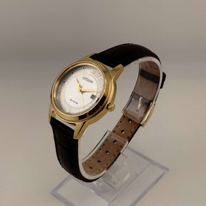 I Like Mikes Mid Century Modern Watches Citizen Unisex Gold Tone Watch, Round Dial, Brown Leather Strap