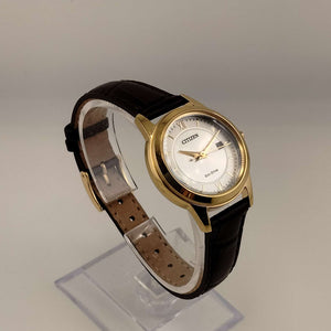 I Like Mikes Mid Century Modern Watches Citizen Unisex Gold Tone Watch, Round Dial, Brown Leather Strap