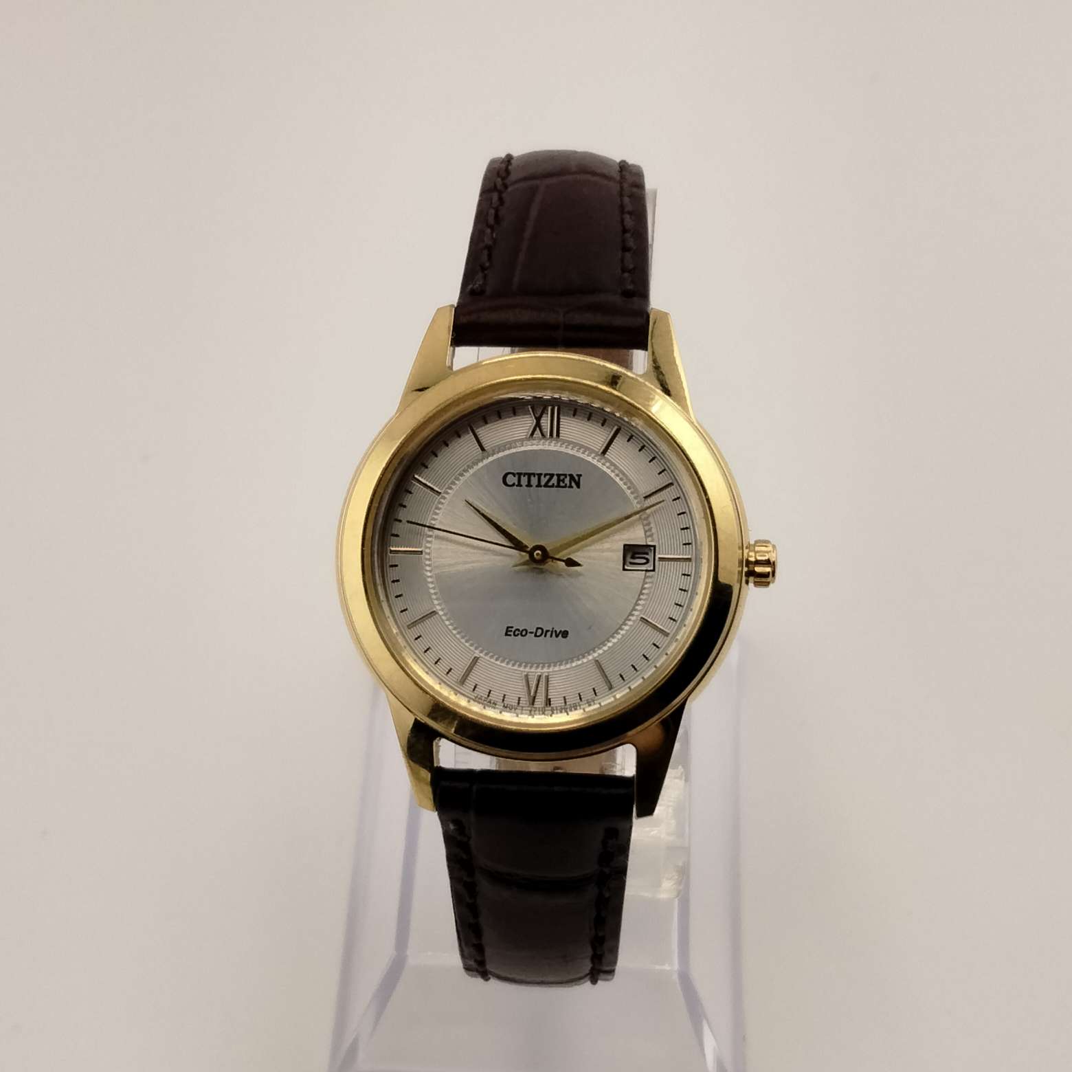 I Like Mikes Mid Century Modern Watches Citizen Unisex Gold Tone Watch, Round Dial, Brown Leather Strap