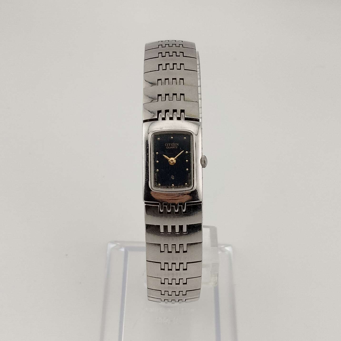 I Like Mikes Mid Century Modern Watches Citizen Unisex Silver Tone Watch, Black Rectangular Dial, Link Strap