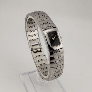 I Like Mikes Mid Century Modern Watches Citizen Unisex Silver Tone Watch, Black Rectangular Dial, Link Strap