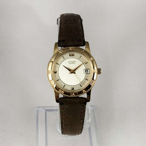 I Like Mikes Mid Century Modern Watches Citizen Watch, Gold Tone Details, Olive Leather Strap