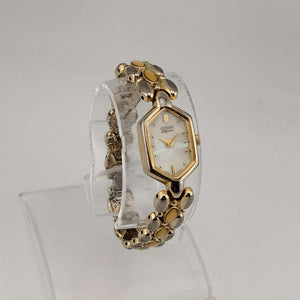 I Like Mikes Mid Century Modern Watches Citizen Women's Gold Tone Quartz Watch, Mother of Pearl Hexagonal Dial, Inlay Bracelet Strap