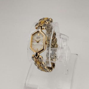 I Like Mikes Mid Century Modern Watches Citizen Women's Gold Tone Quartz Watch, Mother of Pearl Hexagonal Dial, Inlay Bracelet Strap