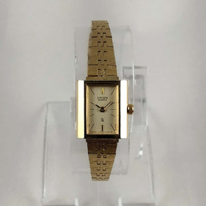 I Like Mikes Mid Century Modern Watches Citizen Women's Gold Tone Watch, Rectangular Dial, Linked Strap
