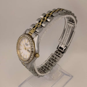 I Like Mikes Mid Century Modern Watches Citizen Women's Mixed Metal Round Watch,  Silver Tone Face, Mother of Pearl Dial with Gold Tone Accents, Bejeweled Bezel,  Mixed Metal Link Strap