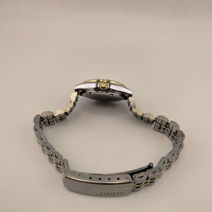 I Like Mikes Mid Century Modern Watches Citizen Women's Mixed Metal Round Watch,  Silver Tone Face, Mother of Pearl Dial with Gold Tone Accents, Bejeweled Bezel,  Mixed Metal Link Strap
