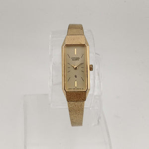 I Like Mikes Mid Century Modern Watches Citizen Women's Petite All Gold Tone Quartz Watch, Elongated Rectangular Dial,  Bracelet Strap