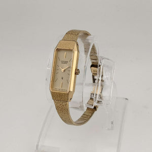 I Like Mikes Mid Century Modern Watches Citizen Women's Petite All Gold Tone Quartz Watch, Elongated Rectangular Dial,  Bracelet Strap