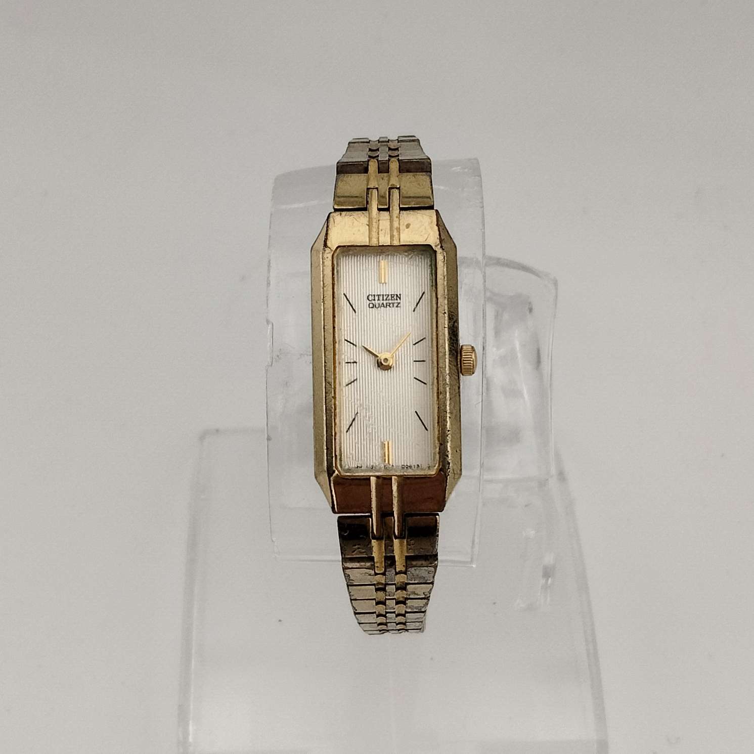 I Like Mikes Mid Century Modern Watches Citizen Women's Petite Gold Tone Quartz Watch, Elongated Rectangular Dial, Vertical Pattern Detail, Link Strap