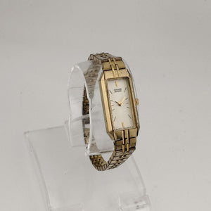 I Like Mikes Mid Century Modern Watches Citizen Women's Petite Gold Tone Quartz Watch, Elongated Rectangular Dial, Vertical Pattern Detail, Link Strap