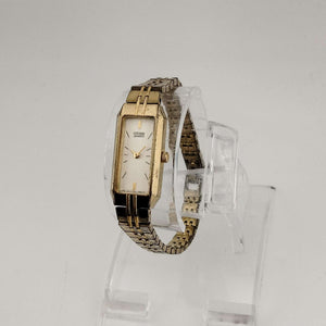 I Like Mikes Mid Century Modern Watches Citizen Women's Petite Gold Tone Quartz Watch, Elongated Rectangular Dial, Vertical Pattern Detail, Link Strap