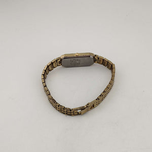 I Like Mikes Mid Century Modern Watches Citizen Women's Petite Gold Tone Quartz Watch, Elongated Rectangular Dial, Vertical Pattern Detail, Link Strap