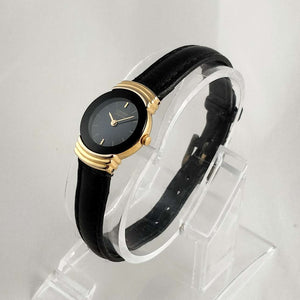 I Like Mikes Mid Century Modern Watches Citizen Women's Petite Gold Tone Watch, Black Genuine Leather Strap
