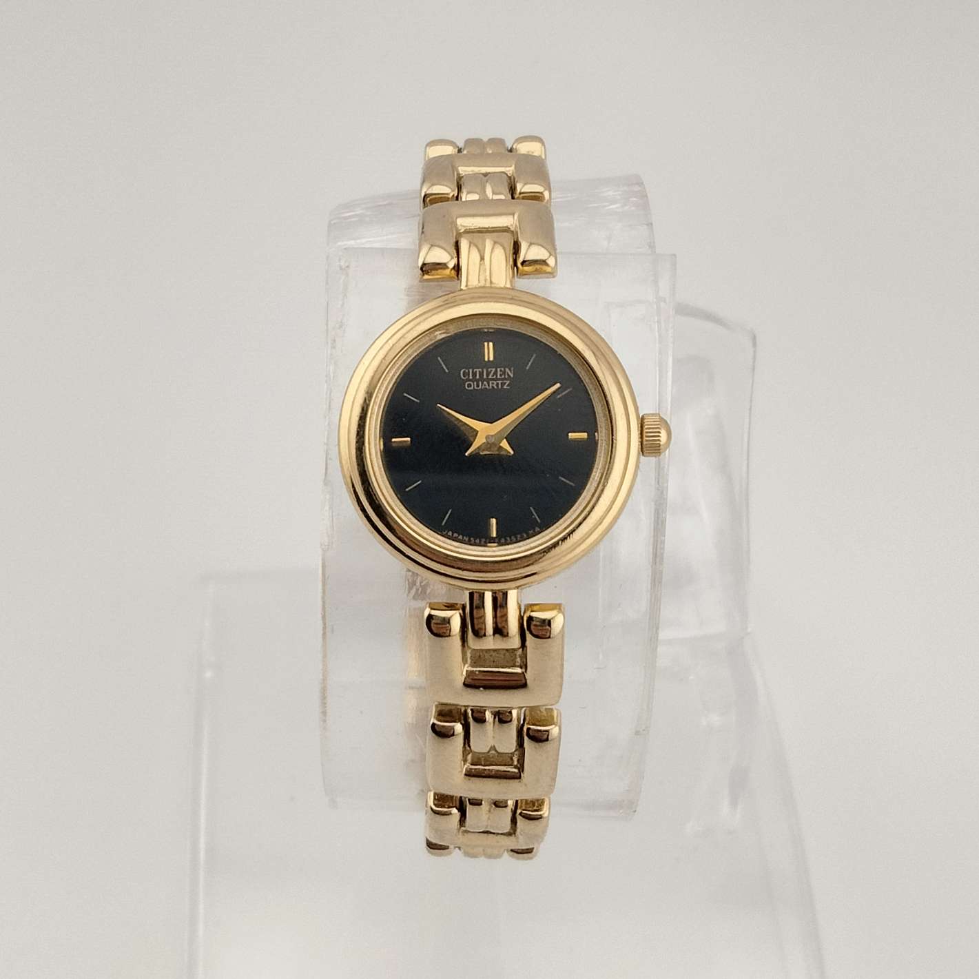 I Like Mikes Mid Century Modern Watches Citizen Women's Petite Gold Tone Watch, Round Black Dial, Link Strap