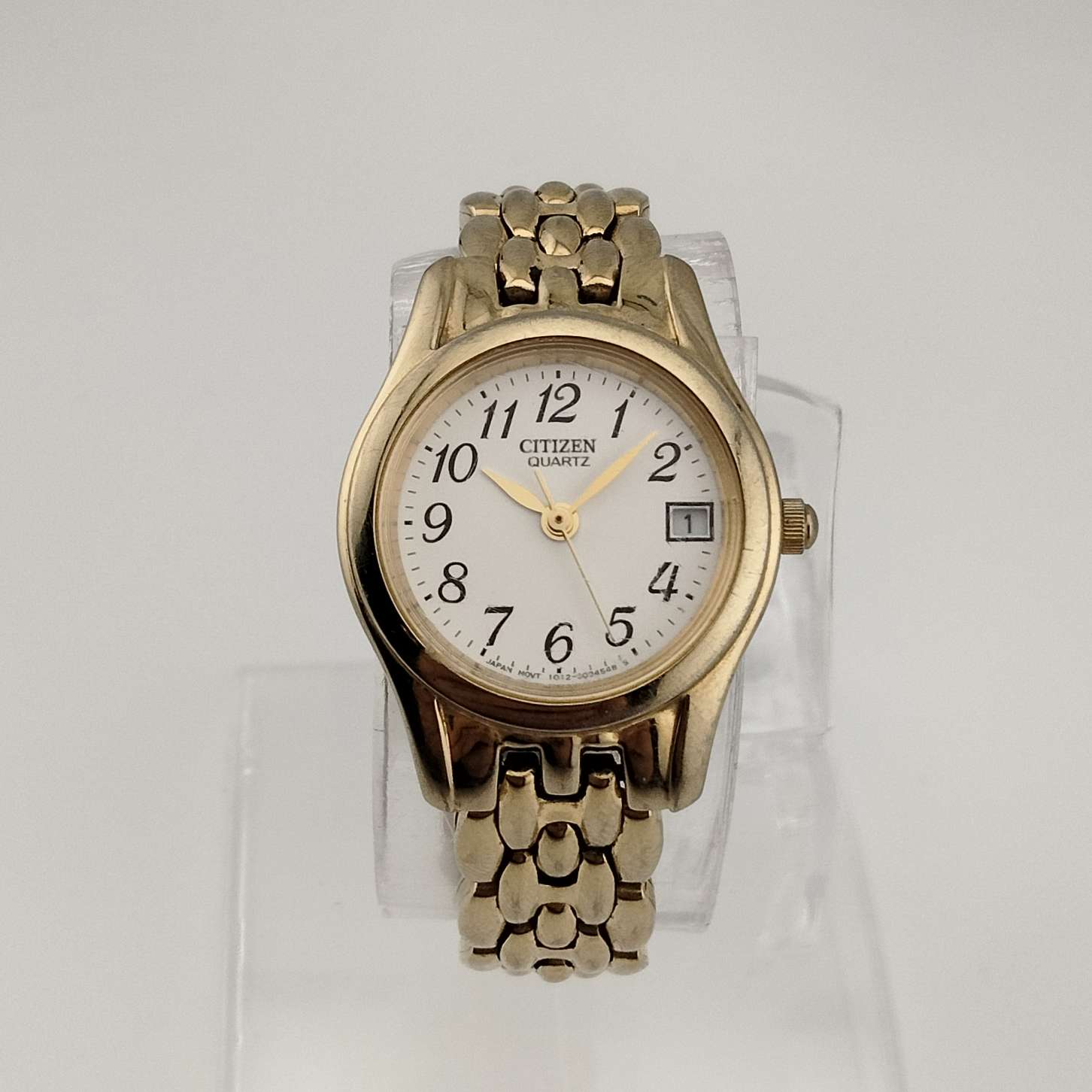 I Like Mikes Mid Century Modern Watches Citizen Women's Petite Gold Tone Watch, Round White Dial, Date Window, Bracelet Strap