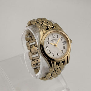 I Like Mikes Mid Century Modern Watches Citizen Women's Petite Gold Tone Watch, Round White Dial, Date Window, Bracelet Strap