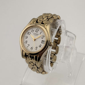 I Like Mikes Mid Century Modern Watches Citizen Women's Petite Gold Tone Watch, Round White Dial, Date Window, Bracelet Strap