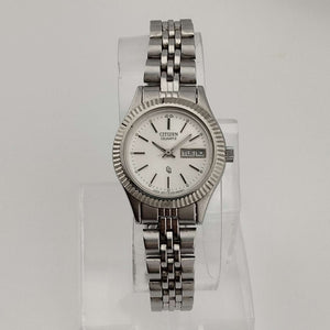 I Like Mikes Mid Century Modern Watches Citizen Women's Petite Silver Tone Watch, Round Dial, Date and Day, Link Strap