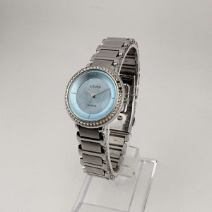 I Like Mikes Mid Century Modern Watches Citizen Women's Silver Tone Eco-Drive Watch, Circular Blue Mother of Pearl Dial, Jewel Tone Details, Link Strap