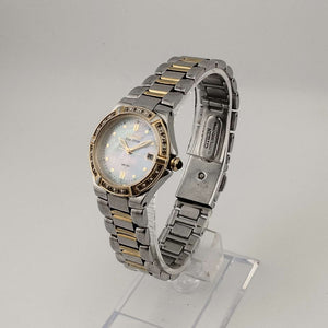 I Like Mikes Mid Century Modern Watches Citizen Women's Silver Tone Eco-Drive Watch, Mother of Pearl Dial, Jeweled Bezel, Date Window, Bracelet Strap